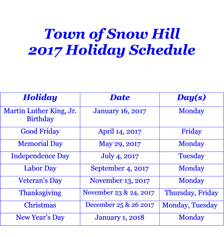 Holiday schedule
